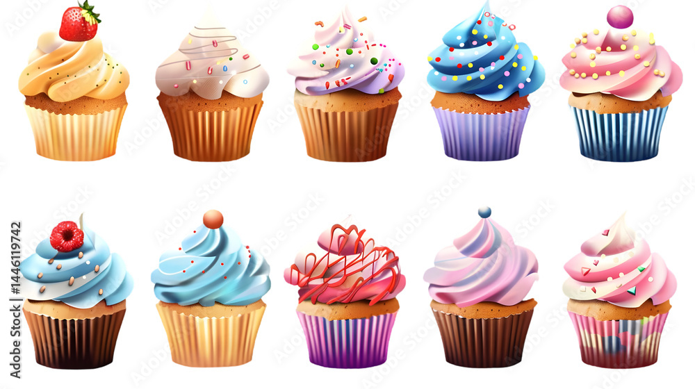 A collection of ten cupcakes with different frosting and toppings on a transparent background view from the front A collection of ten cupcakes with different frosting and toppings on a transparent background view from the front