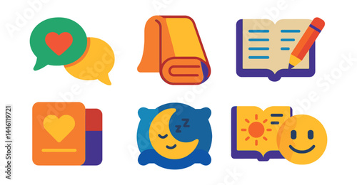 Flat vector icons of emotional care for elderly: kind conversation bubble, comfort blanket icon, pet therapy badge, journal writing icon, daily gratitude card, peaceful rest time, uplifting storybook