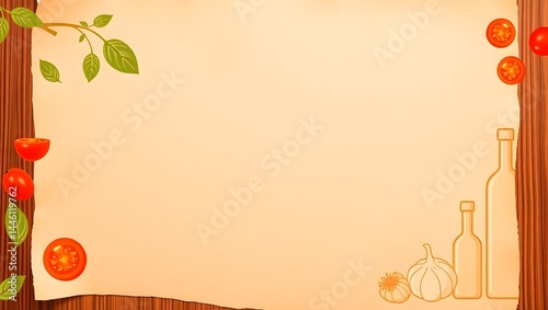 Blank food recipe template with tomatoes, garlic and bottles wooden border, menu background, copy space
