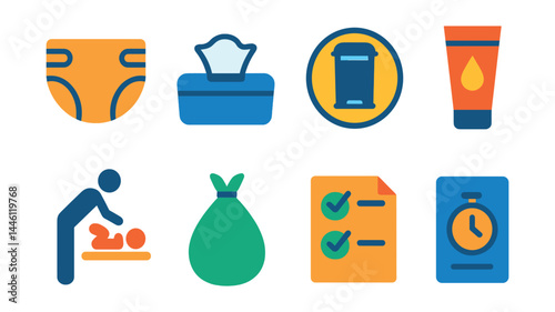 Flat vector icons of diapering and hygiene: newborn diaper icon, wipe container, diaper pail badge, rash cream tube, diaper changing station, disposable bag icon, hygiene checklist sheet, change