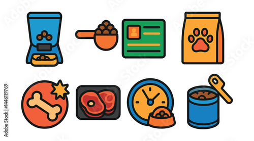 Flat vector icons of pet feeding routines: automatic feeder icon, measured food scoop, feeding chart card, pet food bag, treat reward symbol, raw food tray, mealtime reminder clock, wet food can