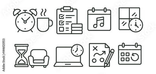 Line style icons of work habits: morning routine, task batching, theme day, review window, break strategy, consistent hours, planning zone, weekly reset.
