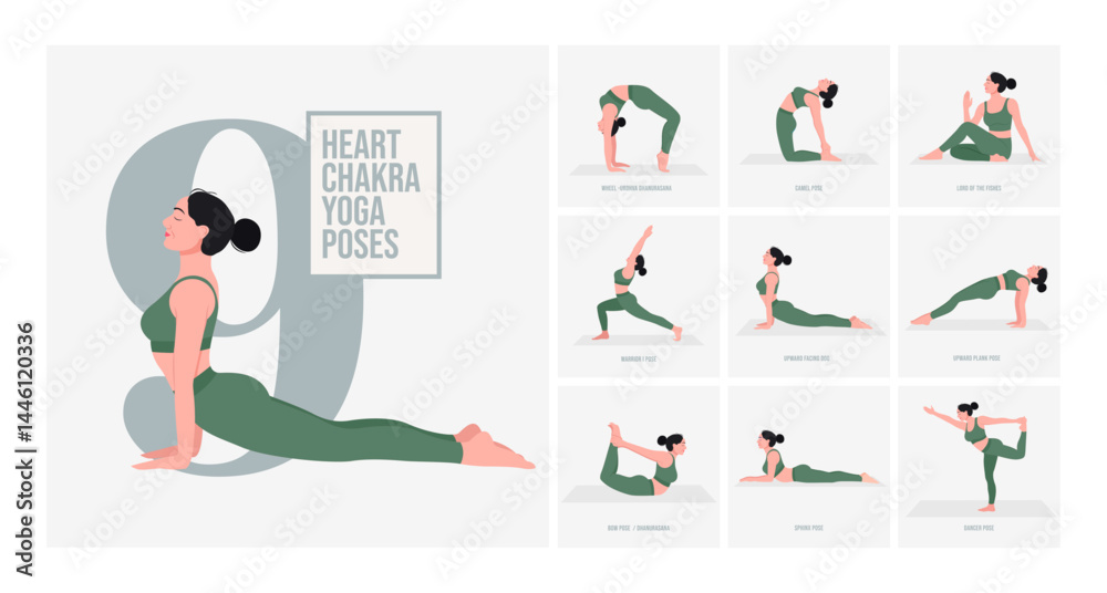 Obraz premium Heart Chakra yoga poses. Young woman practicing Yoga pose. Woman workout fitness, aerobic and exercises. 