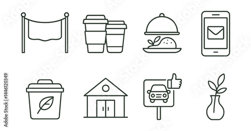 Line style icons of low-impact events: cloth banner, reusable cups, local catering, digital invite, compost bin, community hall, ride share sign, minimal decor.