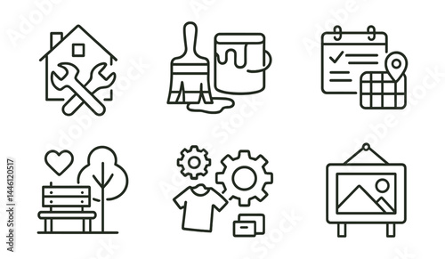 Line style icons of project-based help: house repair, paint project, event logistics, donation sort, park refresh, gear assembly, wall decor, signage build.