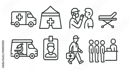 Line style icons of mobile clinics: health van, setup tent, field test, portable bed, mobile lab, staff ID, daily rounds, registration line.