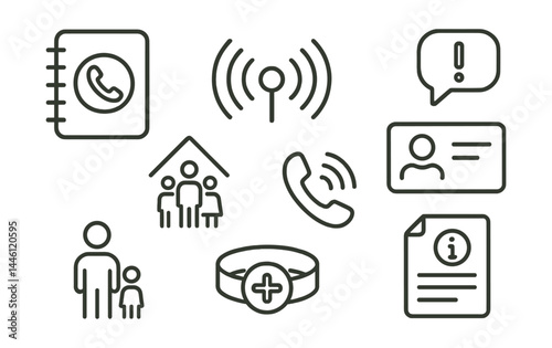 Line style icons of emergency contact tools: phone list, radio signal, SMS alert, contact card, family meeting point, hotline call, safety wristband, info paper.