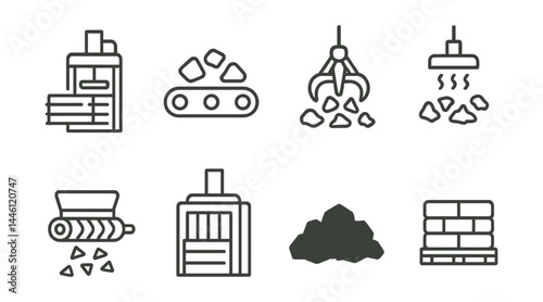 Line style icons of industrial recycling: materials press, conveyor belt, sorting claw, magnet sorter, shredder drum, baler icon, crushed materials, stack pallet.