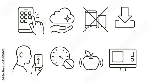Line style icons of digital minimalism: app cleanout, cloud tidy, avoid e-waste icon, download once, mindful scroll, screen-free hour, digital detox, minimal desktop.