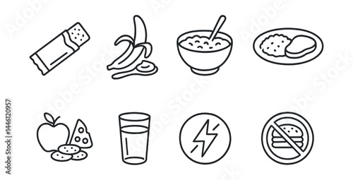 Line style icons of pre-workout meals: energy bar, banana + peanut butter, oats bowl, rice with protein, light snack combo, water glass, easy fuel icon, no heavy food sign.