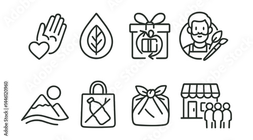 Line style icons of sustainable souvenirs: handmade icon, natural material sign, upcycled gift, local artisan badge, experience memory icon, no-plastic souvenir, reusable gift wrap, community shop.