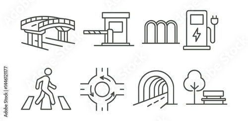 Line style icons of infrastructure elements: overpass bridge, toll booth, bike rack, charging station, pedestrian lane, roundabout, tunnel icon, rest area.