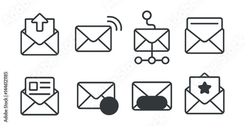 Line style icons of email marketing: open rate, mail blast, automation flow, subject line, email preview, unsubscribe link, CTA button, welcome email.