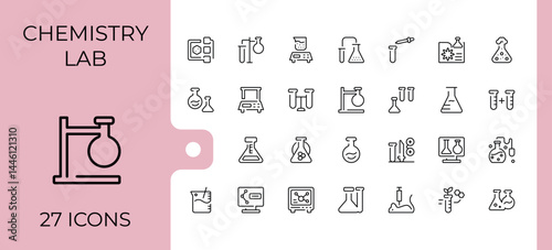 Chemistry Lab icon set. Contains outline symbols like science, formula, research, scientist, chemical and more. Thin line icons set. Lab line icon. Conceptual pictogram and infographic.