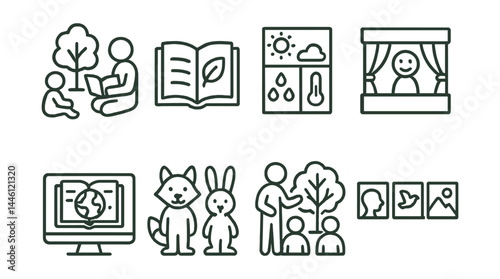 Line style icons of environmental storytelling: storytime with nature, picture book leaf, comic strip climate, puppet stage, digital earth tale, folklore with animals, classroom play tree, visual