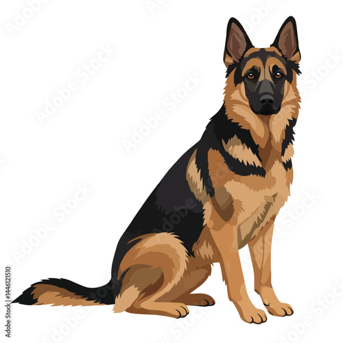 German Shepherd dog pedigreed police, security and border guard dog on also known in Britain as an Alsatian on white background, long-haired dog comic art bulldog illustration graphic