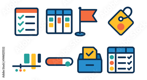 Flat vector icons of project and task management: to-do checklist, kanban board icon, milestone flag, priority tag, project timeline, progress bar, task archive, team task chart.