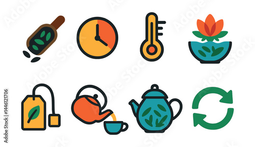 Flat vector icons of tea brewing process: loose leaf scoop icon, steeping time chart, water temperature gauge, blooming flower tea, tea bag with tag, teapot pouring cup, steeped leaves in pot, second