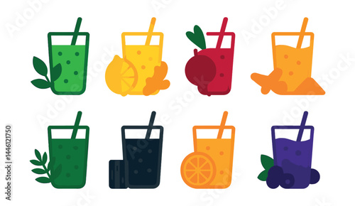 Flat vector icons of detox and immunity smoothies: green detox blend, lemon ginger cleanse, beetroot energy smoothie, turmeric immune boost, supergreens mix icon, activated charcoal blend, vitamin C