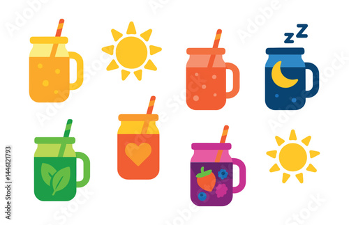 Flat vector icons of smoothie mood and energy: morning energizer smoothie, afternoon pick-me-up, sleepy-time smoothie, feel-good berry mix, focus smoothie with greens, relaxing blend with herbs,