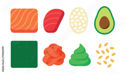 Flat vector icons of sushi ingredients: fresh salmon fillet, tuna slice, sushi rice ball, avocado half, nori seaweed sheet, pickled ginger pile, wasabi paste, sesame seeds sprinkle.