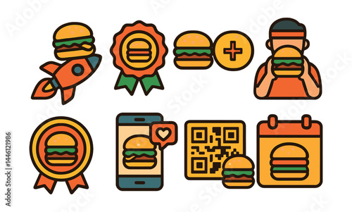 Flat vector icons of burger marketing and campaigns: new burger launch icon, limited edition flavor badge, buy one get one offer, burger challenge promo, loyalty reward stamp, influencer burger post,
