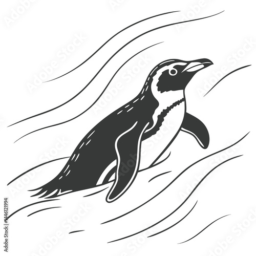 Monochrome Penguin with Stylized Water, Isolated on White, Animal