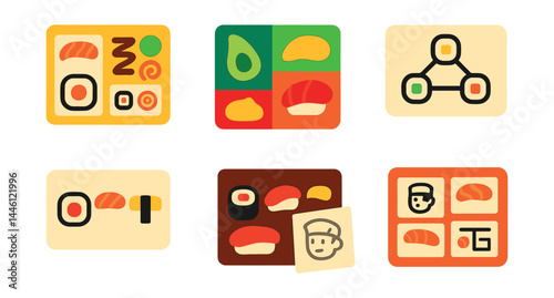 Flat vector icons of sushi inspiration boards: sushi moodboard, fusion flavor collage, seasonal topping palette, roll combination chart, minimal sushi style, rustic Japanese board, sushi chef vision