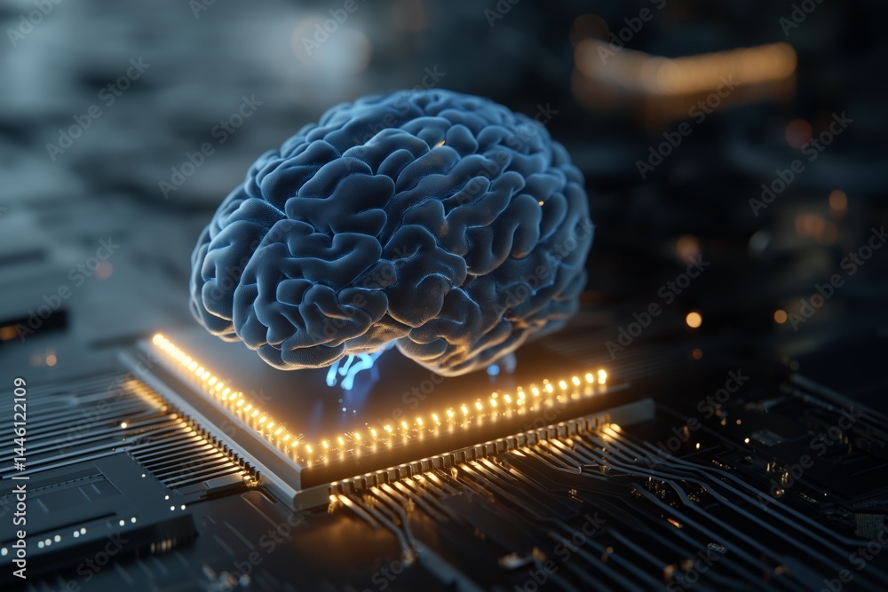 Blue Brain Floating Above Computer Chip