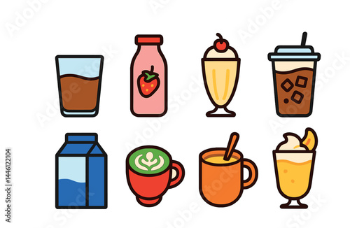 Flat vector icons of milk-based drinks: chocolate milk, strawberry milk in bottle, vanilla milkshake, iced coffee with milk, milk carton, matcha latte with foam, honey turmeric milk, creamy banana