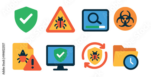 Flat vector icons of malware and virus protection: antivirus shield icon, malware warning triangle, scan progress bar, virus quarantine symbol, suspicious file alert, real-time protection icon,