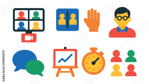 Flat vector icons of virtual classroom features: group video call, breakout room icon, raise hand button, teacher avatar, class chat bubble, shared whiteboard icon, lesson timer, student participant