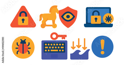 Flat vector icons of cybersecurity threats: ransomware alert icon, trojan horse symbol, spyware warning badge, brute force attack icon, zero-day exploit marker, keylogger device icon, DDoS wave