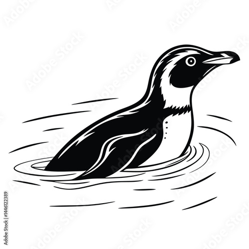 Monochrome Penguin Swimming, Black and White Drawing, Wildlife Illustration, Animal Art