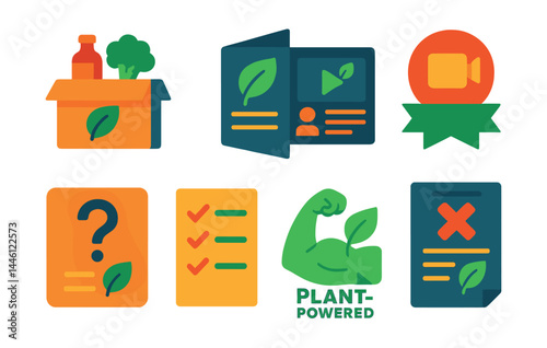 Flat vector icons of vegan education and outreach: vegan starter kit icon, informational leaflet, online vegan course screen, educational webinar badge, FAQ for new vegans icon, lifestyle switch