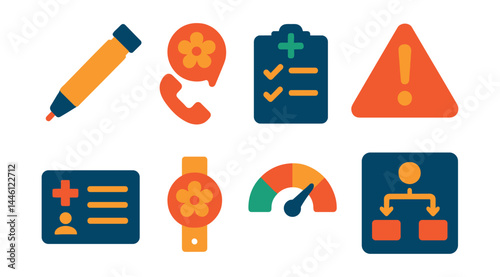 Flat vector icons of emergency allergy response: epi-pen injection symbol, allergy emergency call icon, first aid checklist, anaphylaxis alert badge, medical info card, allergy ID bracelet, reaction