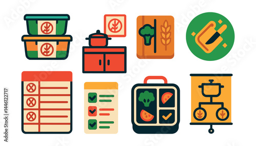 Flat vector icons of gluten-free meal prep: labeled meal containers, gluten-free kitchen zone, ingredient separation board, clean prep surface badge, weekly no-gluten menu, grocery sort list,