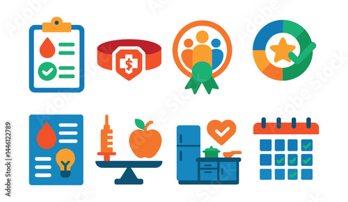 Flat vector icons of diabetes lifestyle and awareness: daily health log icon, diabetes alert bracelet, support group meeting badge, wellness goal tracker, educational flyer, insulin and nutrition