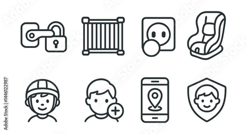 Line style icons of kids safety: child lock, safety gate, outlet cover, car seat, baby helmet, emergency contact, child tracker, safe zone icon.