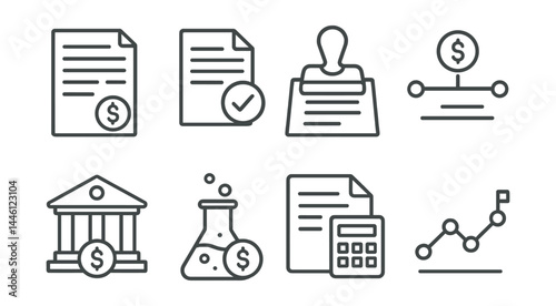 Line style icons of scientific funding: grant paper, proposal icon, approval stamp, fund timeline, institution support, lab cost, budget plan, progress milestone.