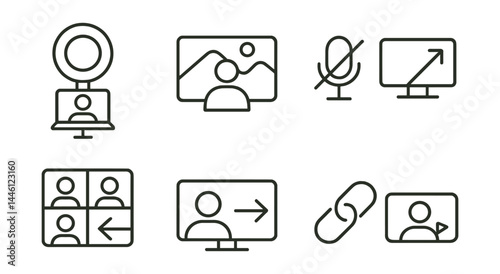 Line style icons of remote meeting setups: webcam light, virtual background, mute mic, screen share icon, speaker grid, breakout icon, join link, video tile.
