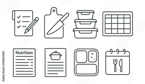 Line style icons of meal planning: shopping list, prep day, labeled containers, weekly board, nutrition label, recipe printout, portion box, meal schedule.