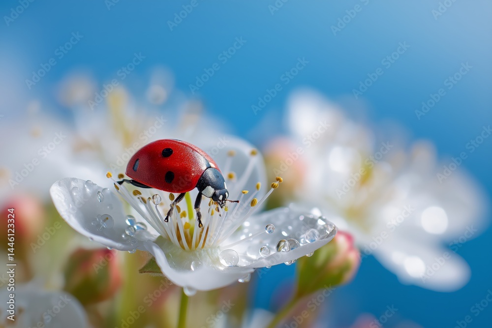 Ladybug on White Flower: Macro Photography