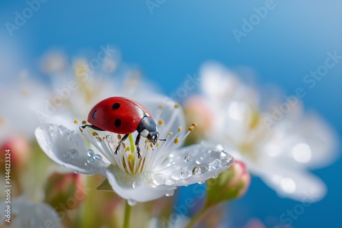 Obraz na płótnie Ladybug on White Flower: Macro Photography w salonie