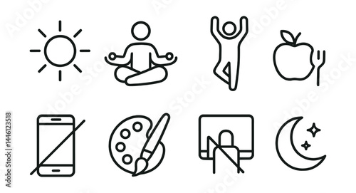 Line style icons of self-care routines: sunlight icon, mindful breath, stretch icon, nutrition focus, media break, creative time, boundary icon, evening routine.