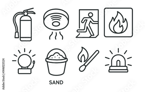Line style icons of fire safety: fire extinguisher, smoke alarm, exit sign, fire blanket, fire drill, bucket sand, safe match, alarm test.