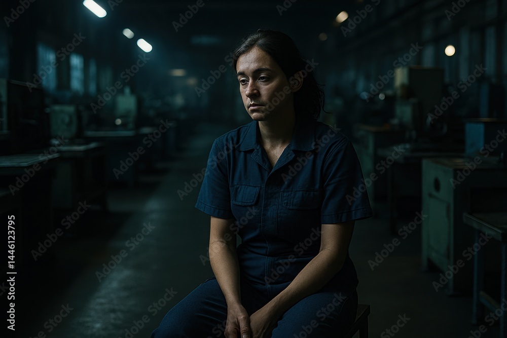 Tired factory worker sitting alone after shift in low light. AI-generated
