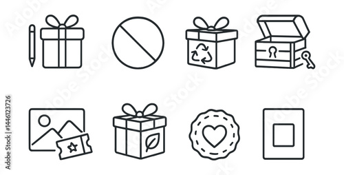 Line style icons of low-waste gifting: DIY gift icon, no-wrap badge, upcycled box, secondhand treasure, experience icon, nature gift, handmade token, minimalist card.