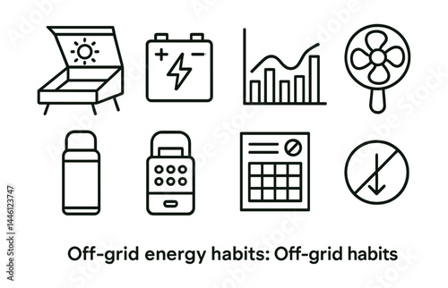 Line style icons of off-grid energy habits: solar oven, battery storage, daily usage graph, hand fan, thermal flask, portable LED, energy ration sheet, daily cap icon.