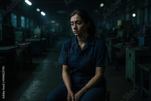 Obraz na płótnie Tired factory worker sitting alone after shift in low light. AI-generated w salonie